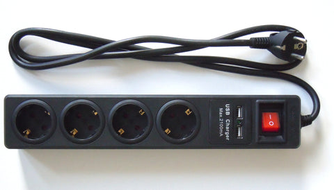 4 Sockets + 2 USB Ports Strip. Black. 1.5 Meters cable. 3x1.5mm H05VV-F